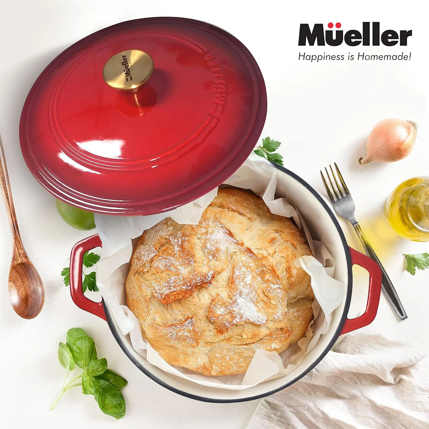 Mueller 6 Qt Enameled Cast Iron Dutch Oven, Heavy-Duty Casserole Dish and Braiser Pan with Lid and Stainless Knob, Safe for All Cooktops