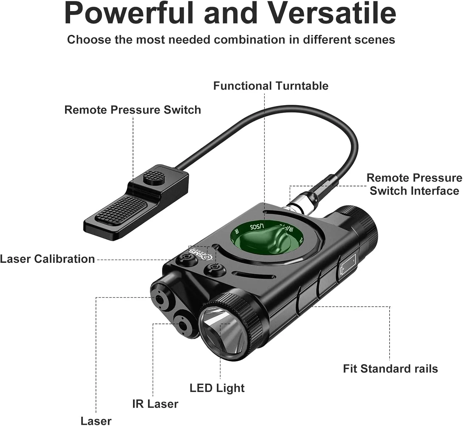 Multi-Function 1200 Lumens Weapon Light and Purple/IR Laser Sight Combo, Weapon Light&Laser Sight Combo with 9-inch Remote Pressure Tapeswitch Compatible with M-Lok and Picatinny Rails