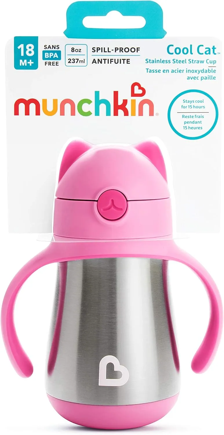 Munchkin Cool Cat Sippy Cup for Toddlers, Stainless Steel Straw Cup, 8 Ounce, Pink