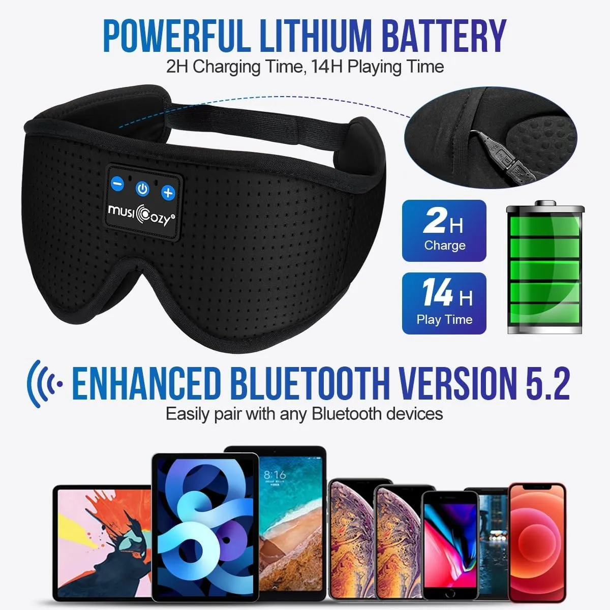 MUSICOZY 3D Bluetooth 5.4 Sleep Headphones, Breathable Wireless Music Eye Mask, Sleeping Headphones with Headband for Side Sleepers, Women, Men, Air Travel, Unique Tech Gifts