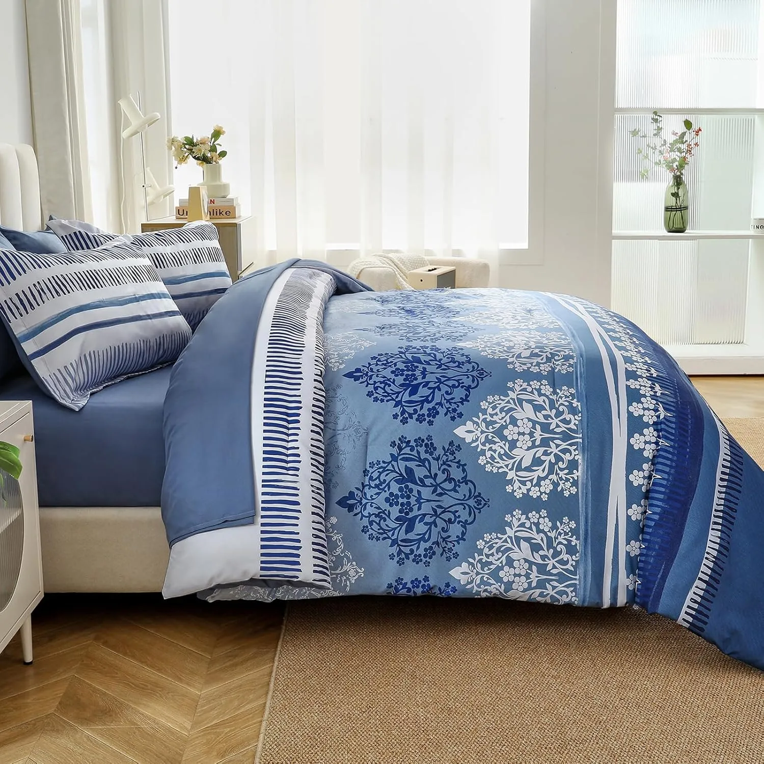 Mybedsoul 7 Pieces Comforter Set King Size Bed in a Bag Boho Bedding Set Soft Lightweight Microfiber Bohemian Bed Set with Pillowcases & Shams for All Season (King,104"x90")
