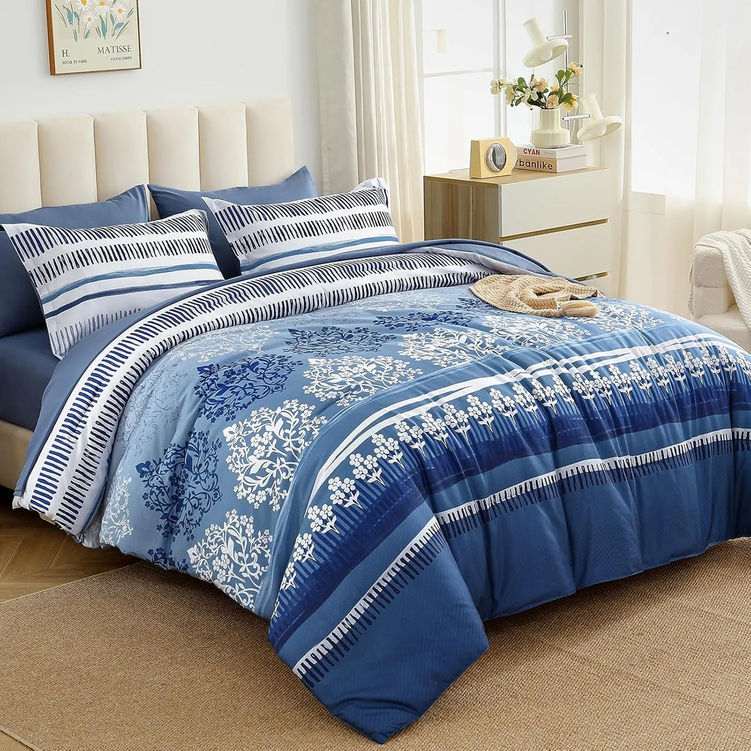 Mybedsoul 7 Pieces Comforter Set King Size Bed in a Bag Boho Bedding Set Soft Lightweight Microfiber Bohemian Bed Set with Pillowcases & Shams for All Season (King,104"x90")