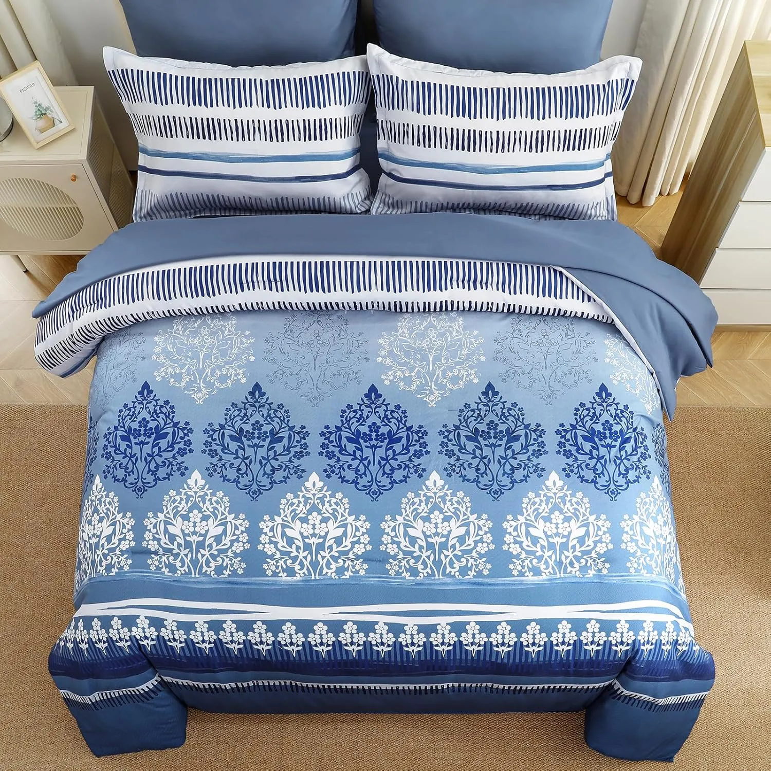 Mybedsoul 7 Pieces Comforter Set King Size Bed in a Bag Boho Bedding Set Soft Lightweight Microfiber Bohemian Bed Set with Pillowcases & Shams for All Season (King,104"x90")