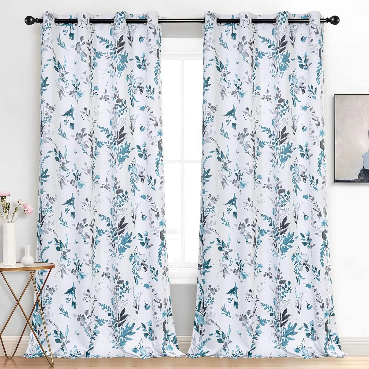 MYSKY HOME Living Room Curtains 84 inches Long Floral Blackout Curtains Room Darkening Thermal Insulated Panels Light Blocking Grommet Flower Drapes for Dining Room, 2 Panels, Turquoise