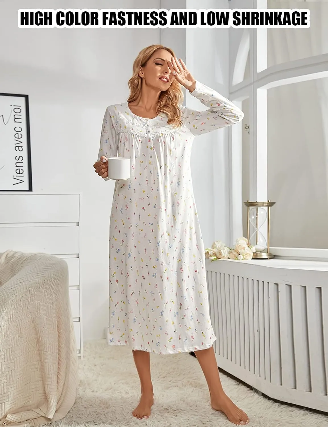 MZROCR Cotton Nightgowns For Women Long Sleeve Night Gowns Soft Women's Sleepwear Ladies Loungewear