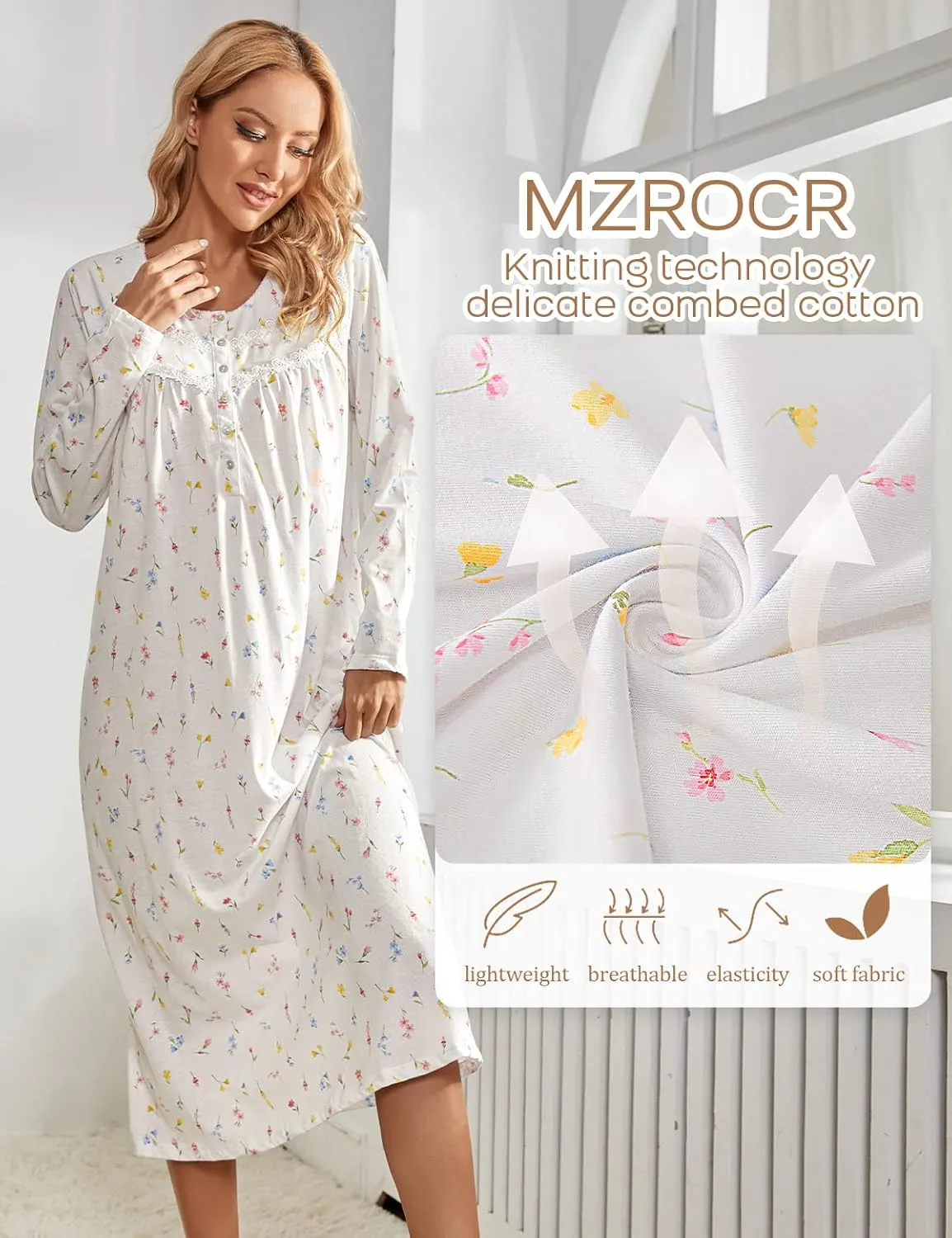 MZROCR Cotton Nightgowns For Women Long Sleeve Night Gowns Soft Women's Sleepwear Ladies Loungewear