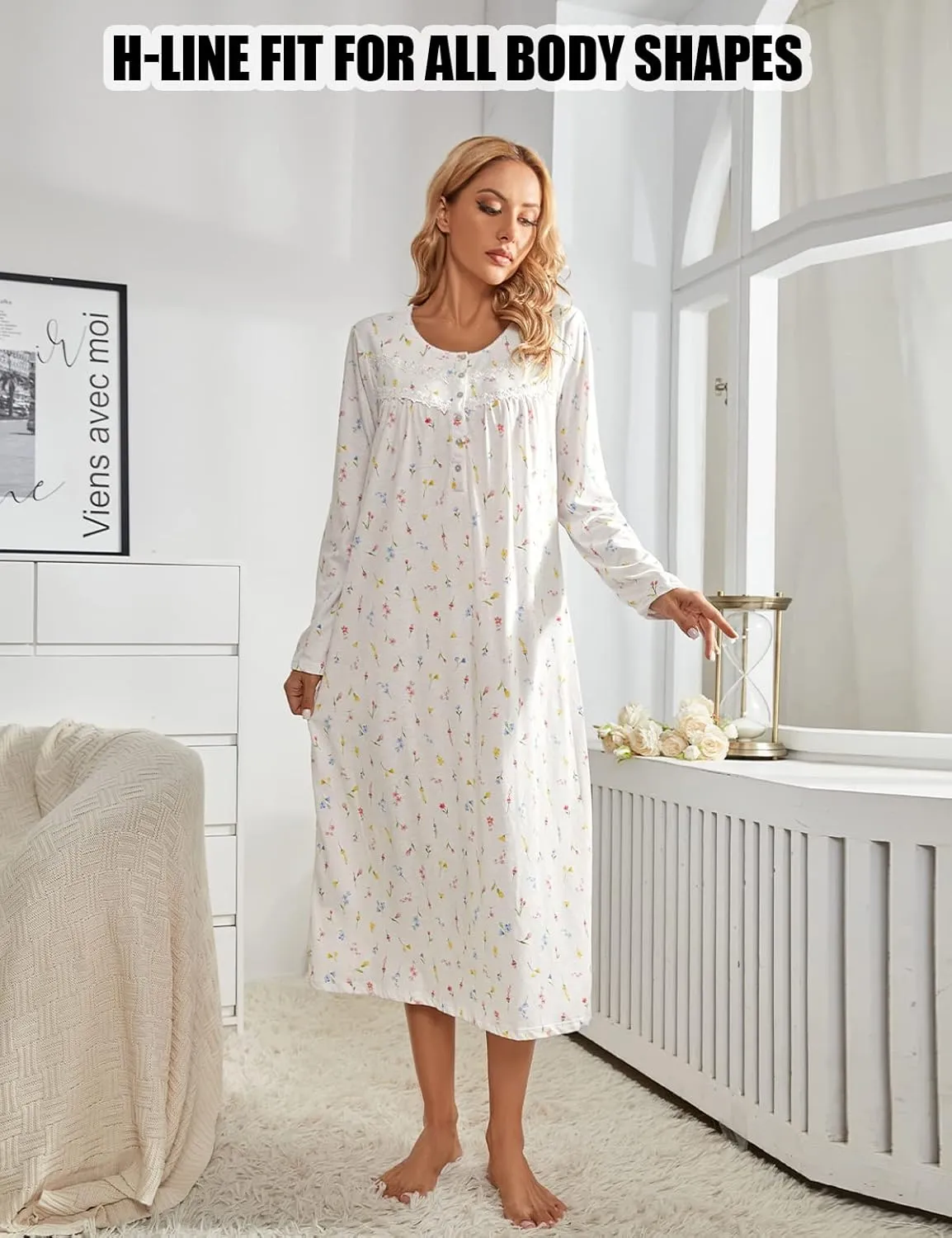 MZROCR Cotton Nightgowns For Women Long Sleeve Night Gowns Soft Women's Sleepwear Ladies Loungewear