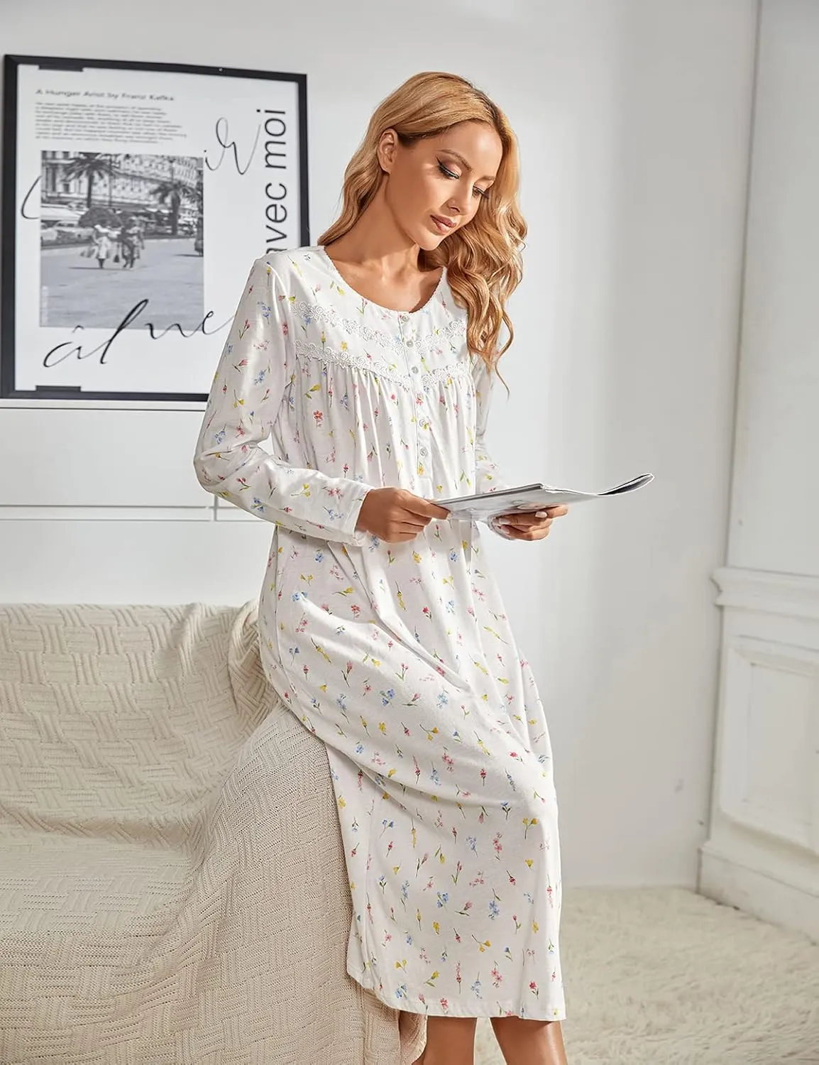 MZROCR Cotton Nightgowns For Women Long Sleeve Night Gowns Soft Women's Sleepwear Ladies Loungewear