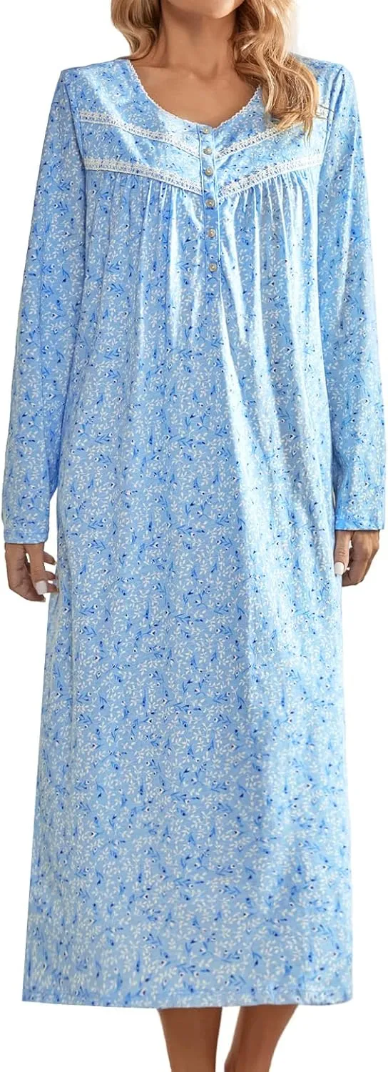 MZROCR Cotton Nightgowns For Women Long Sleeve Night Gowns Soft Women's Sleepwear Ladies Loungewear
