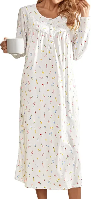 MZROCR Cotton Nightgowns For Women Long Sleeve Night Gowns Soft Women's Sleepwear Ladies Loungewear