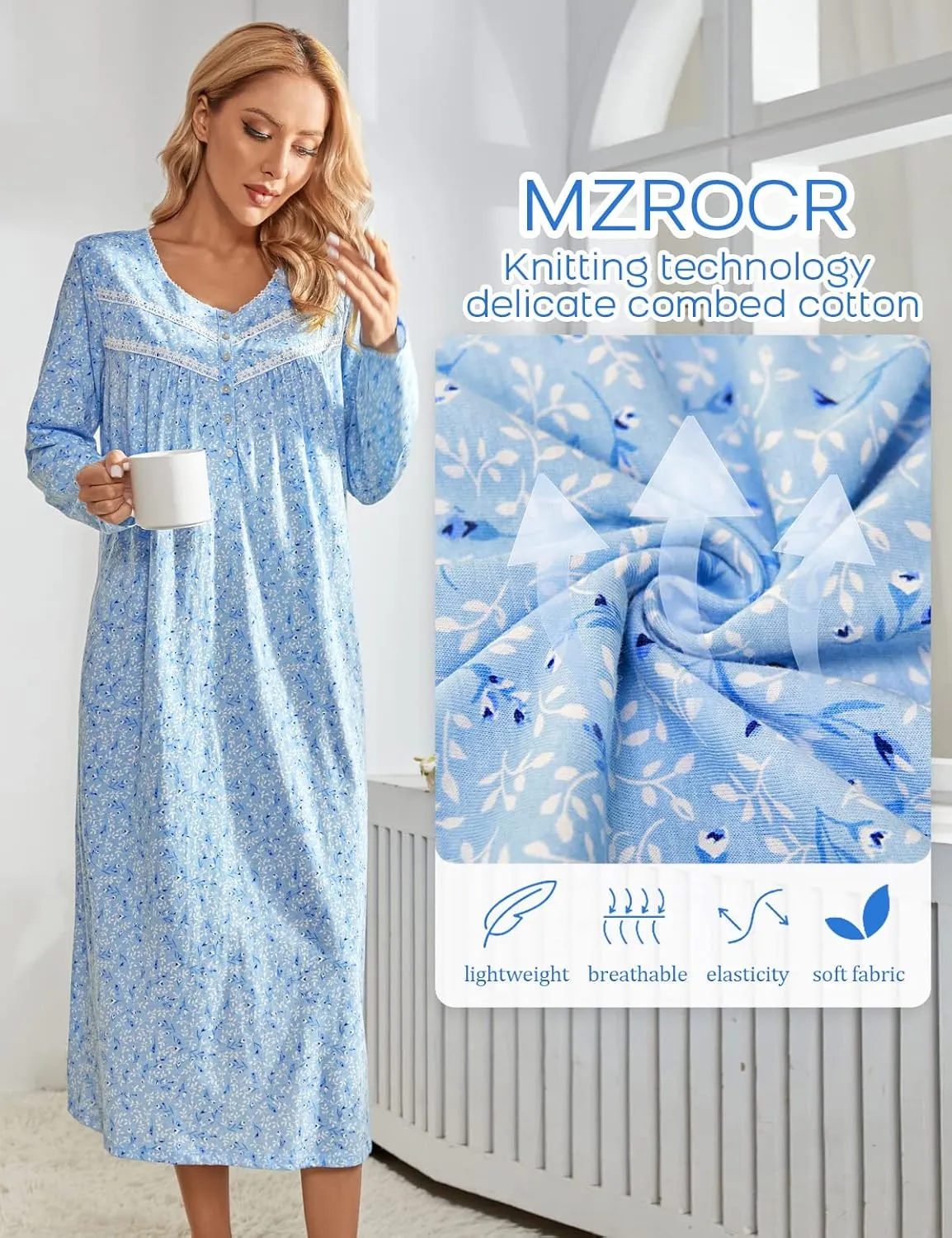 MZROCR Cotton Nightgowns For Women Long Sleeve Night Gowns Soft Women's Sleepwear Ladies Loungewear