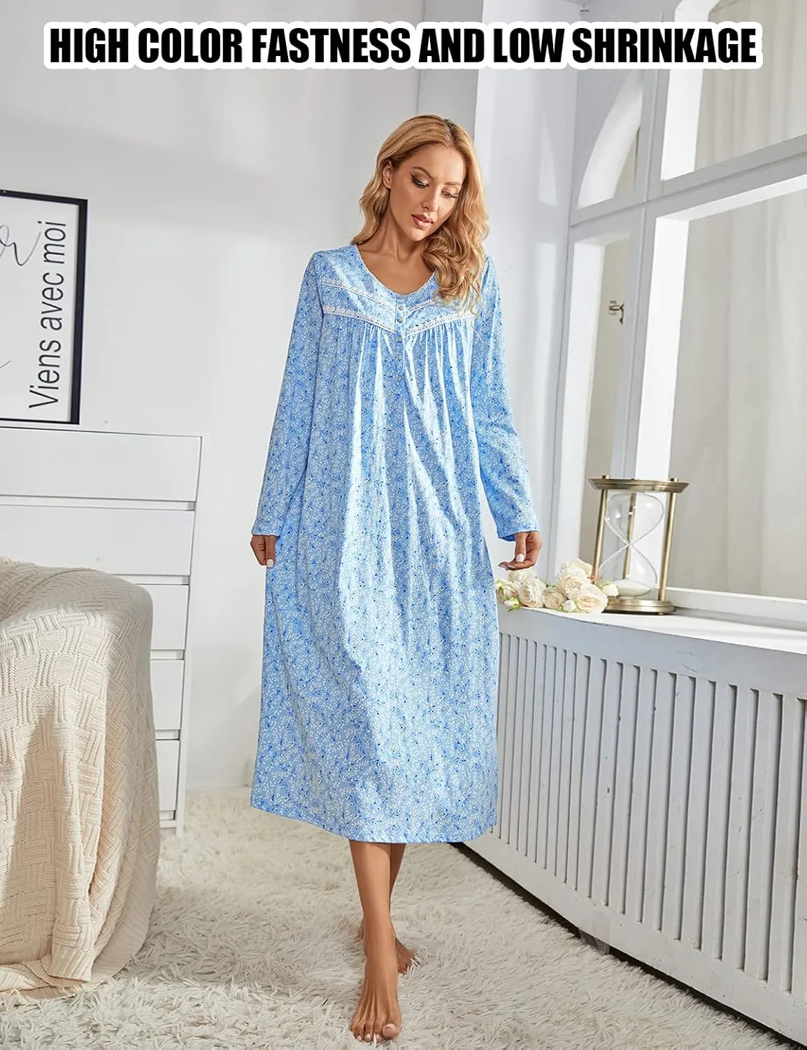 MZROCR Cotton Nightgowns For Women Long Sleeve Night Gowns Soft Women's Sleepwear Ladies Loungewear