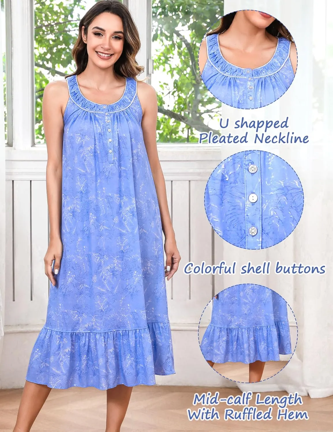 MZROCR Cotton Nightgowns for Women Soft Sleeveless Night Gown for Adult Women Ruffle Sleepwear