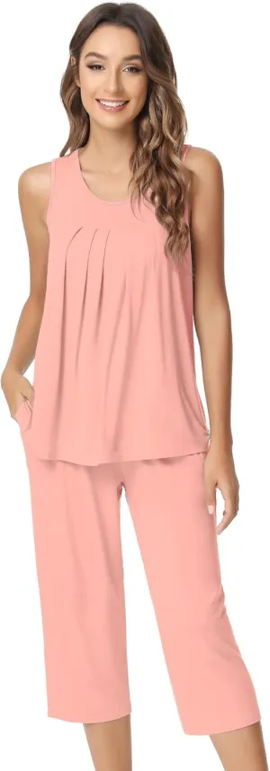 NACHILA Pajamas for Women-Viscose Made from Bamboo, Sleeveless Pjs Tank Top Capri Pants Pajama Sets Cooling Sleepwear