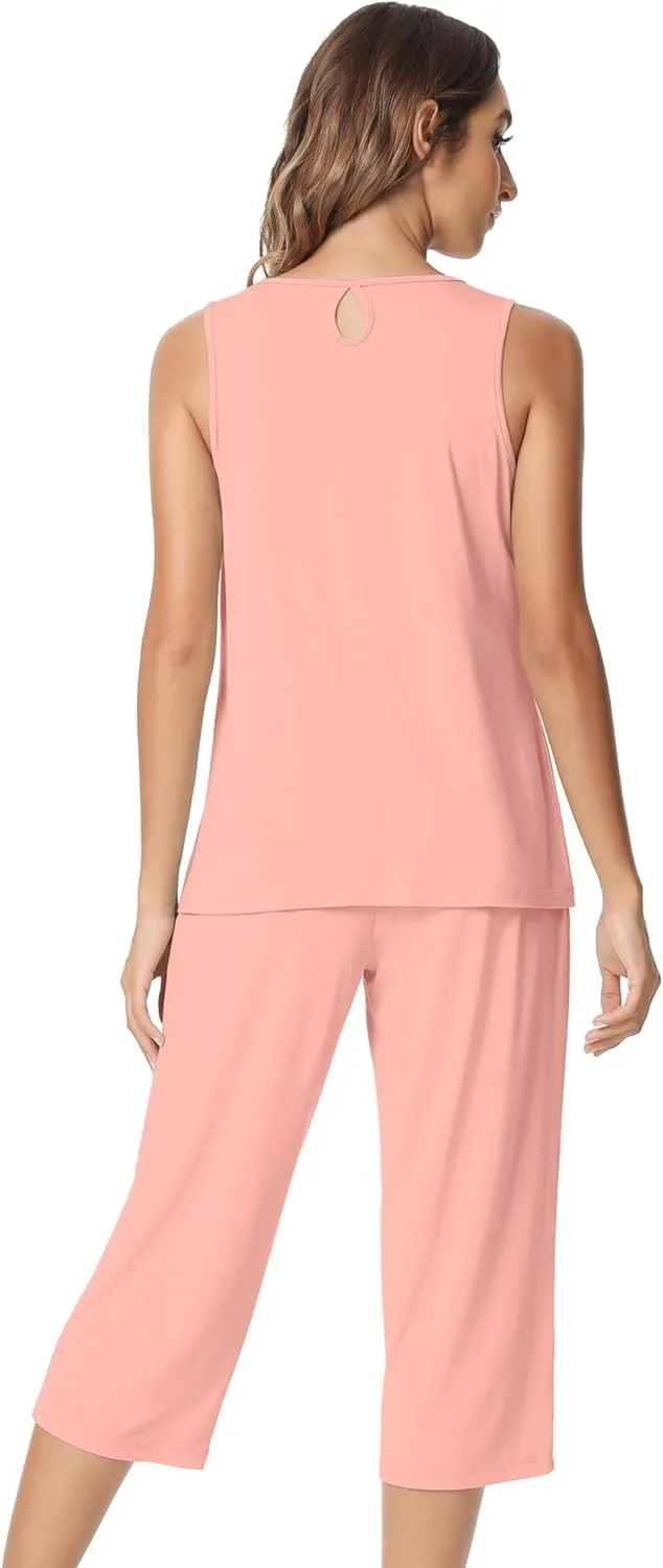 NACHILA Pajamas for Women-Viscose Made from Bamboo, Sleeveless Pjs Tank Top Capri Pants Pajama Sets Cooling Sleepwear