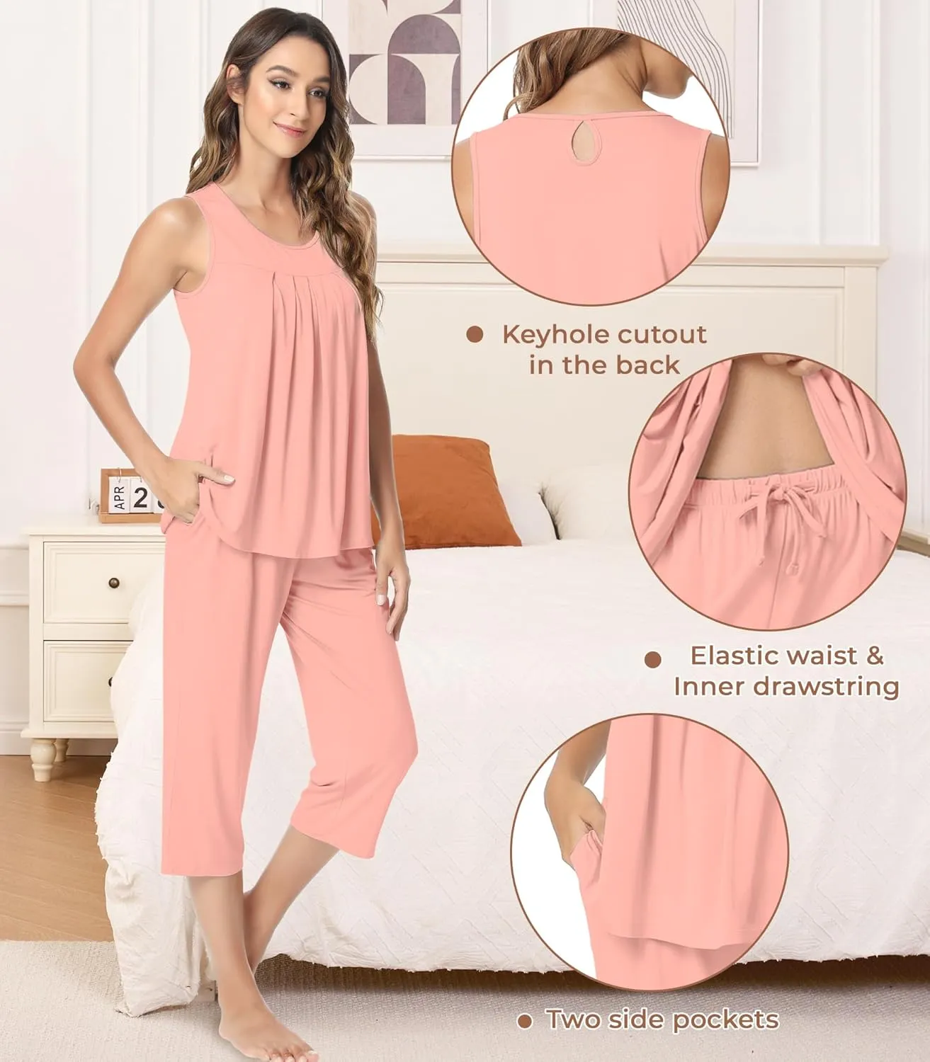 NACHILA Pajamas for Women-Viscose Made from Bamboo, Sleeveless Pjs Tank Top Capri Pants Pajama Sets Cooling Sleepwear
