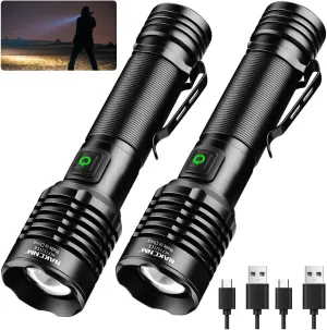 NAKCNM Rechargeable Flashlight High Lumens 2000, 5 Modes Small Powerful Super Bright Flashlights LED Strong Pocket Flash Light USB C with Clip for Home,Camping(2 Pack)