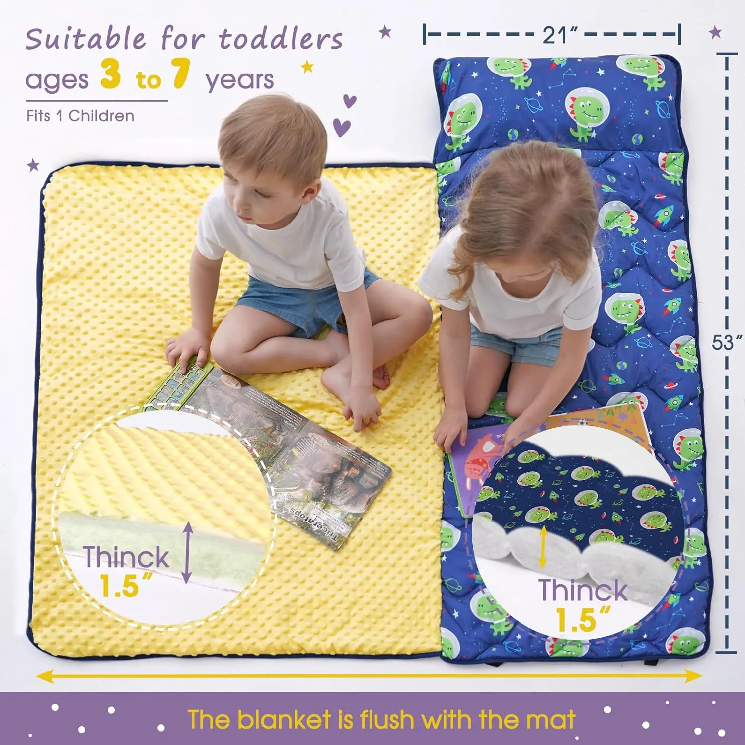 Nap Mat with Pillow Blanket Set: Sleeping Mats for Toddler Kids - Thick Large Roll up Slumber Bag for Daycare Preschool Kindergarten Boys Girls