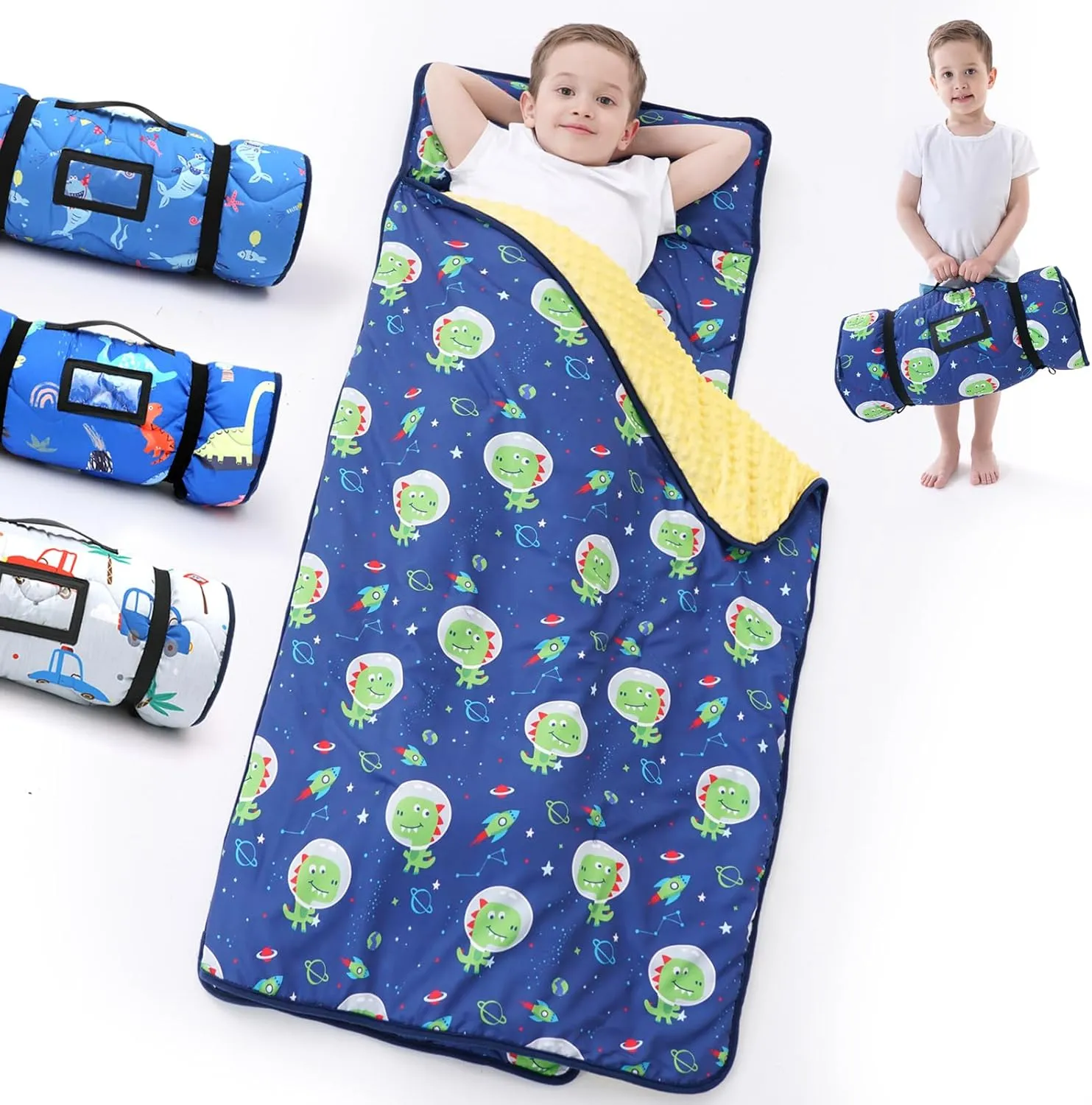 Nap Mat with Pillow Blanket Set: Sleeping Mats for Toddler Kids - Thick Large Roll up Slumber Bag for Daycare Preschool Kindergarten Boys Girls