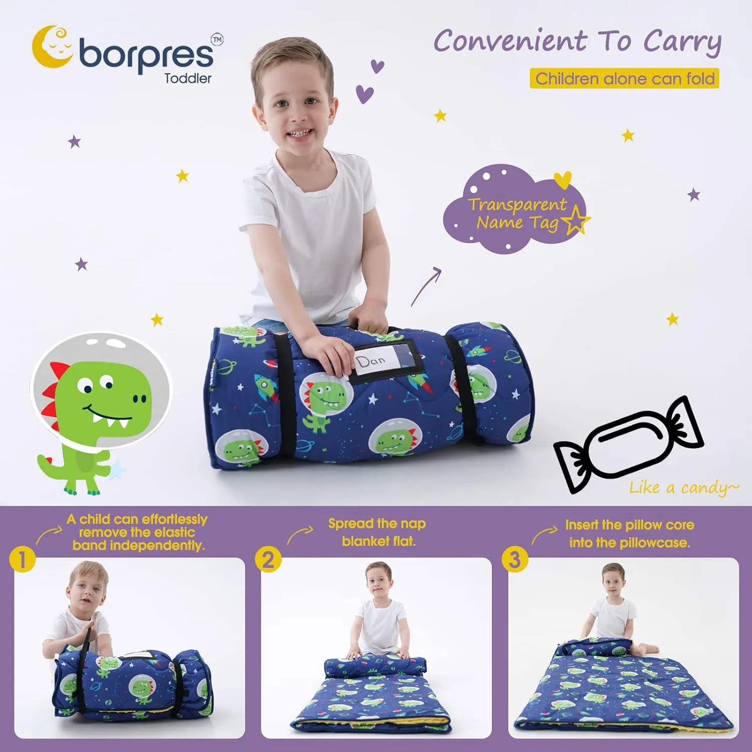 Nap Mat with Pillow Blanket Set: Sleeping Mats for Toddler Kids - Thick Large Roll up Slumber Bag for Daycare Preschool Kindergarten Boys Girls