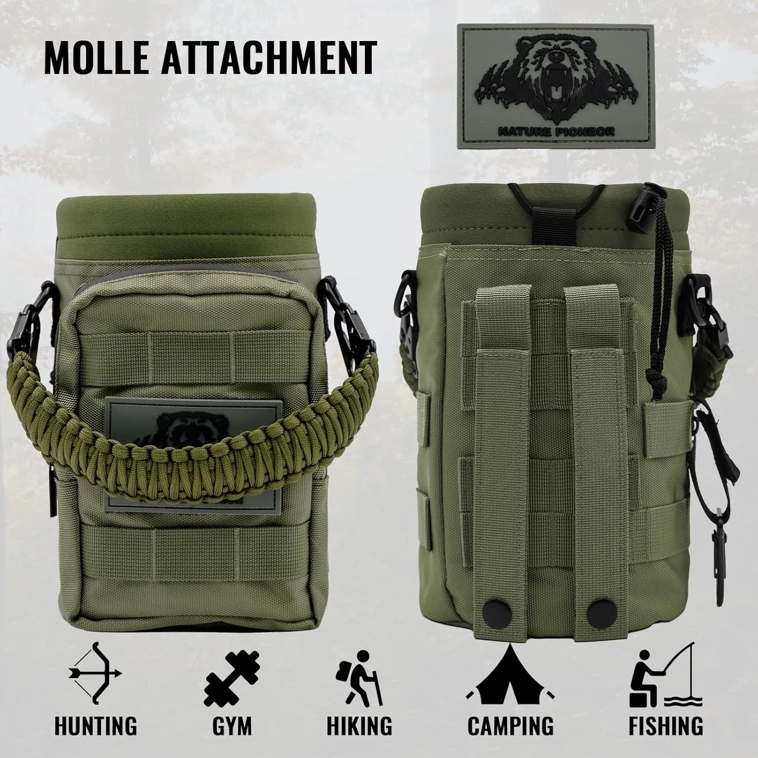 NATURE PIONEOR 32 64 128oz Tactical Water Bottle Pouch, Multi-Function Tactical Water Bottle Bag with Adjustable Shoulder Strap, Half/One Gallon Molle Strap Carrier Holder