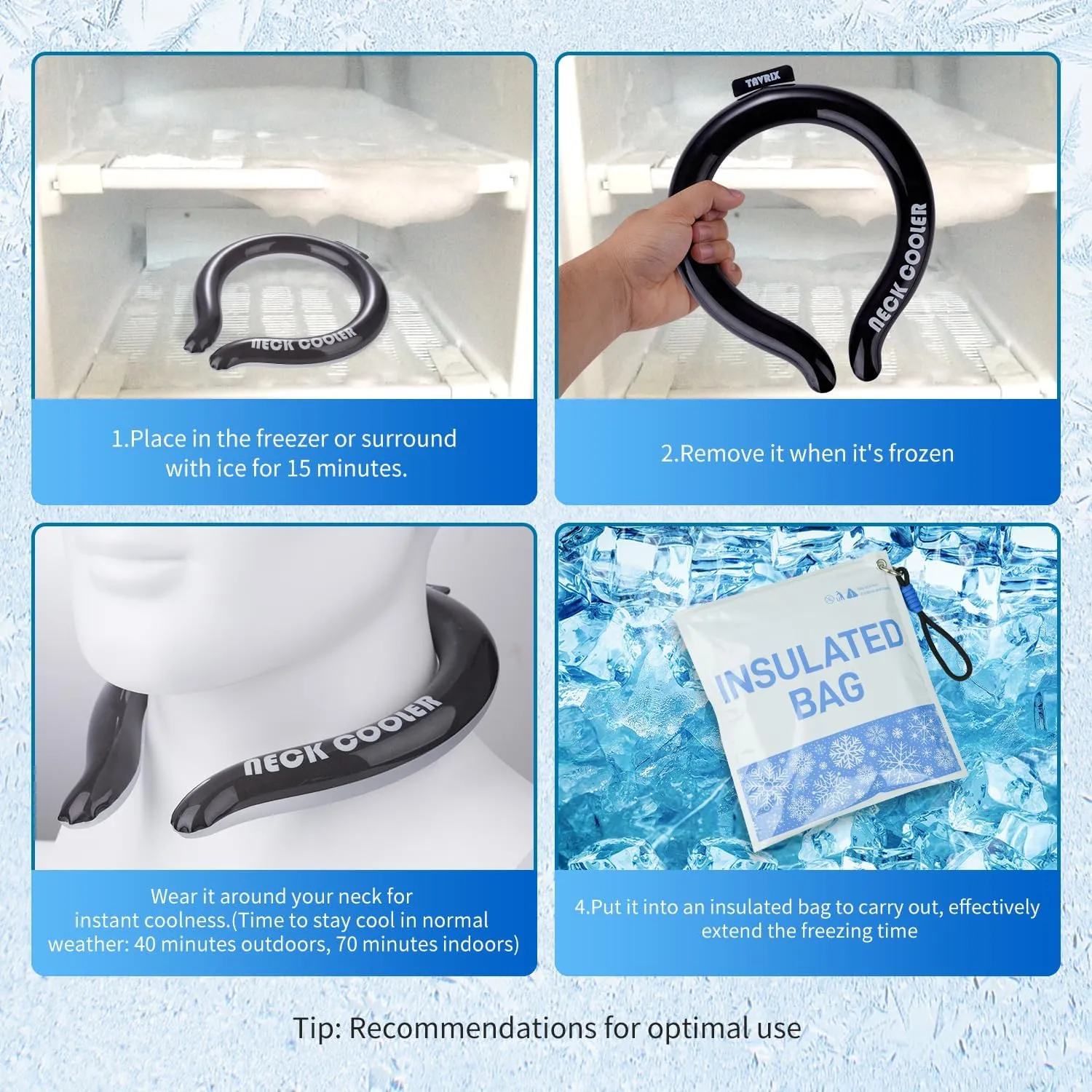 Neck Cooling Tube with Insulation Bag, Reusable Ice Ring for Instant Cooling, Freezes Below 64℉- Ideal for Hot Weather, Outdoor Sports, and Workers. Wearable Neck Cooler in Summer.(Black, L)