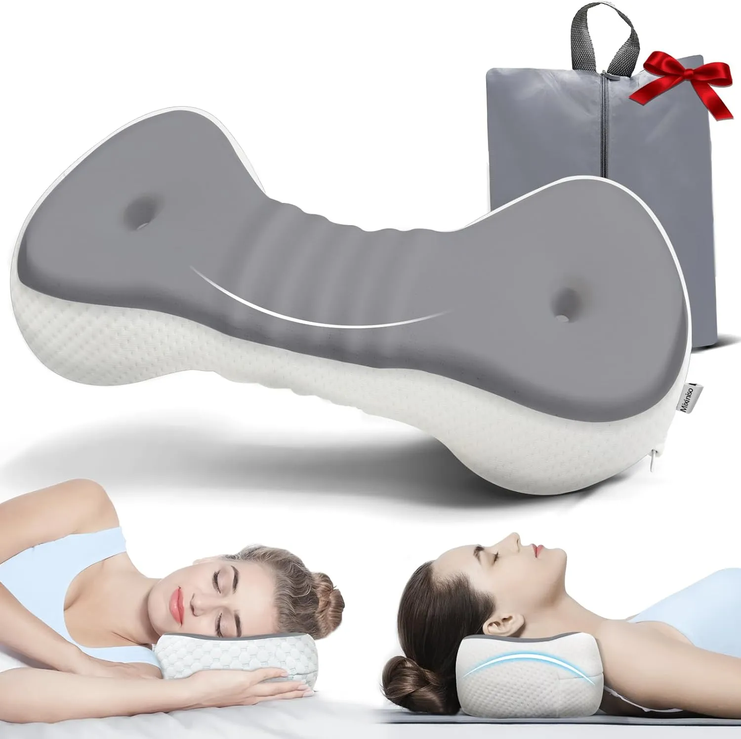 Neck Support Pillow, Cervical Traction Device, Small Neck Roll Pillow Memory Foam, Premium Pillow for Stiff Neck, Camping & Travel Pillow with Removable Cooling Pillowcase and Portable Bag