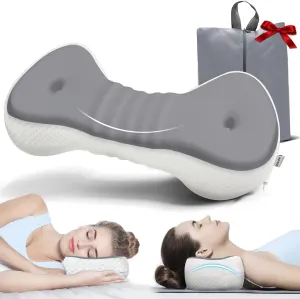 Neck Support Pillow, Cervical Traction Device, Small Neck Roll Pillow Memory Foam, Premium Pillow for Stiff Neck, Camping & Travel Pillow with Removable Cooling Pillowcase and Portable Bag