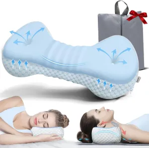 Neck Support Pillow, Small Neck Roll Pillow Memory Foam, Cervical Traction Device, Ergonomic Support for Stiff Neck, Camping & Travel Pillow with Removable Cooling Pillowcase and Portable Bag