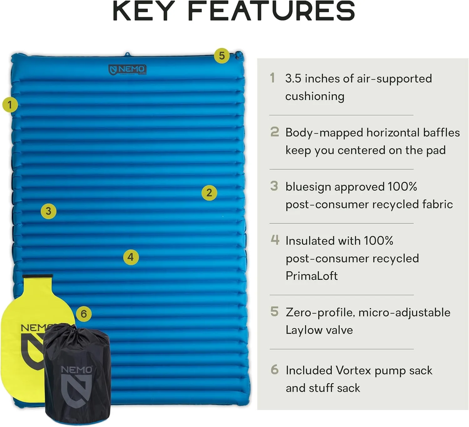 NEMO Equipment Quasar 3D Lightweight Sleeping Pad - Insulated Double (72"x52") - Bluebird