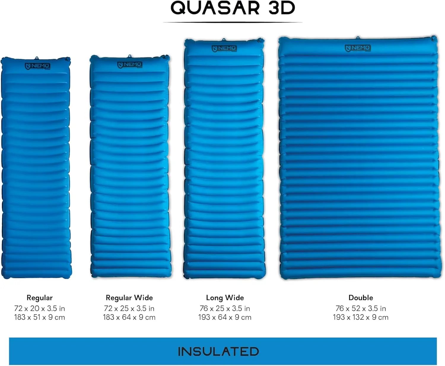 NEMO Equipment Quasar 3D Lightweight Sleeping Pad - Insulated Double (72"x52") - Bluebird