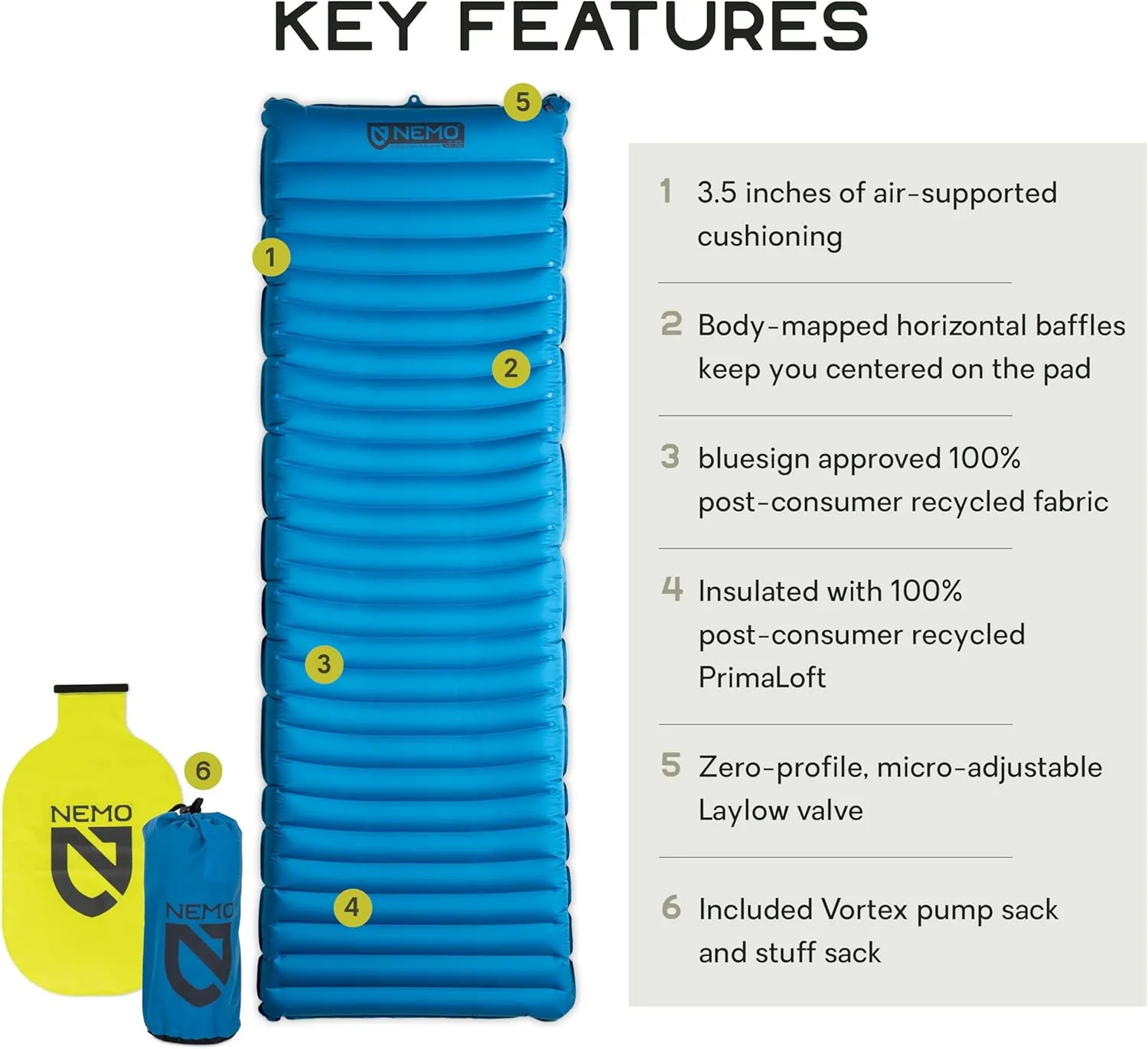NEMO Equipment Quasar 3D Lightweight Sleeping Pad - Insulated Long Wide (76"x25") - Bluebird