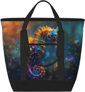 Neon Seahorse Underwater Realm Insulated Cooler Bag, Large Cooler Tote Bags Insulated for Food, Funny Insulated Grocery Shopping Bags with Zippered Top for Travel Picnic