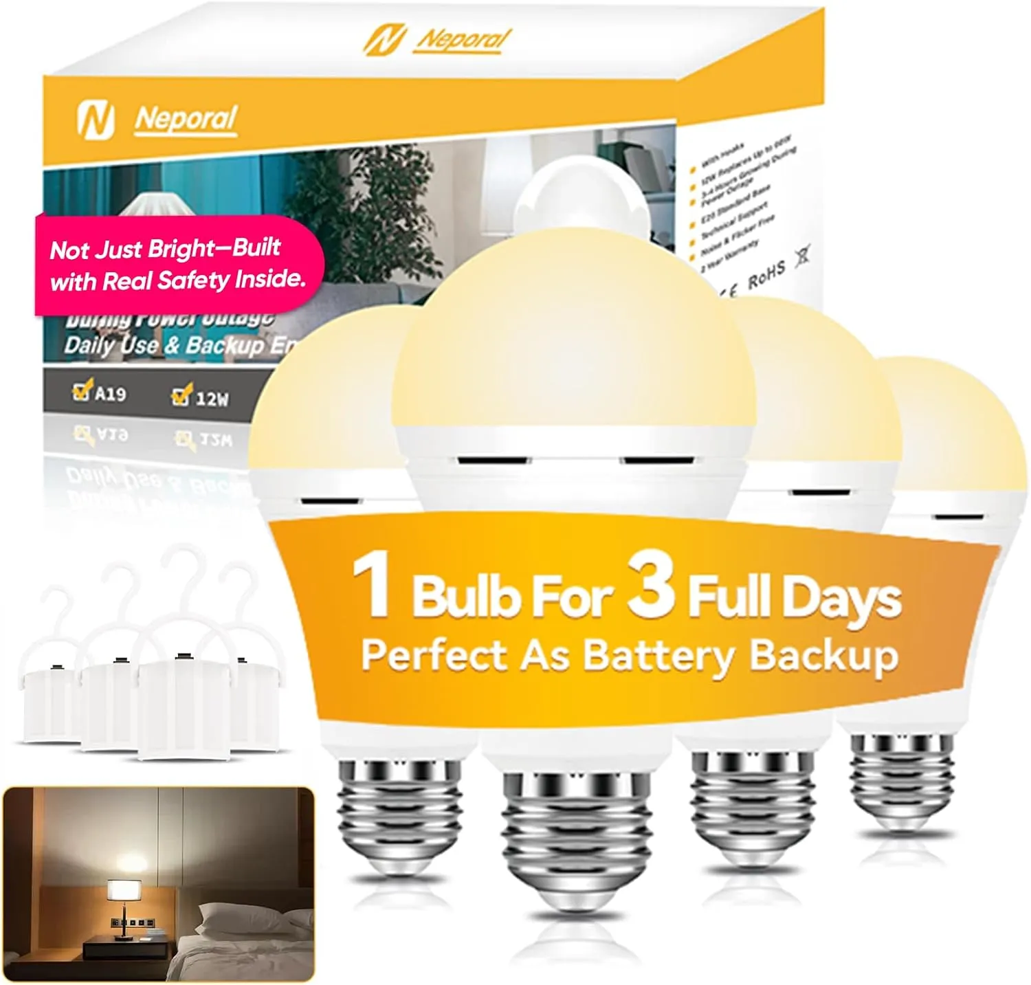 Neporal LITE PRO Rechargeable Light Bulbs, 2600mAh Large Battery Backup Light Bulbs, Perfect As Emergency Lights for Home, Hurricane Prepareness Item, E26/E27 (Soft White-2600mAh)