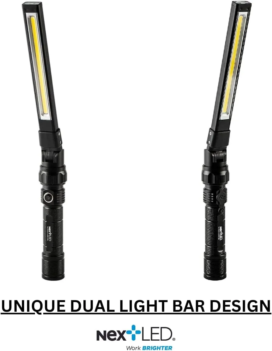 NextLED NT-7544 Double-Sided, Heavy Duty Folding LED Rechargeable Work Light, 600x2 Lumen, Slim Mechanic Light with Magnet, W/Top Light, Aluminum Body, Magnetic Flashlight for Auto Repair/Inspection
