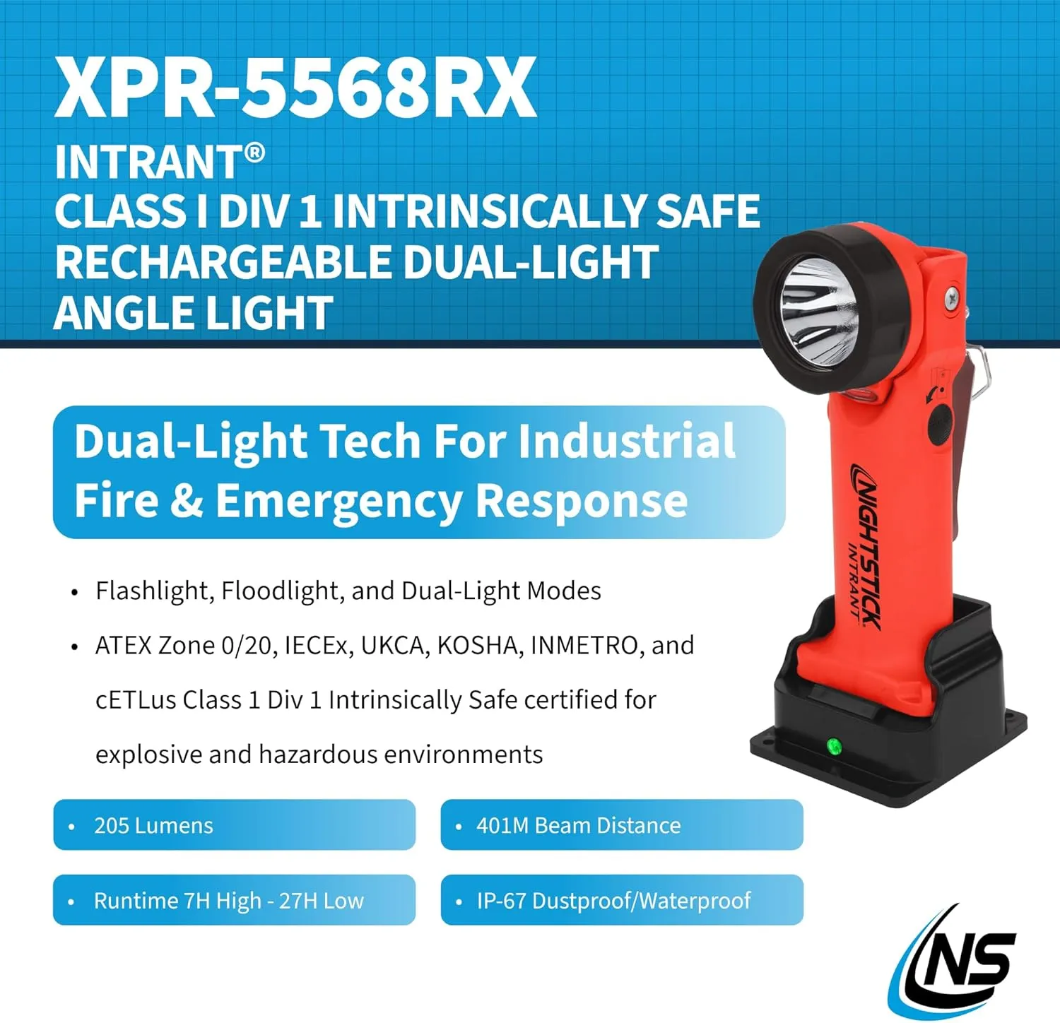 Nightstick Intrant Rechargeable Instrinsically Safe Permissible Dual-Light Angle Light (Red)