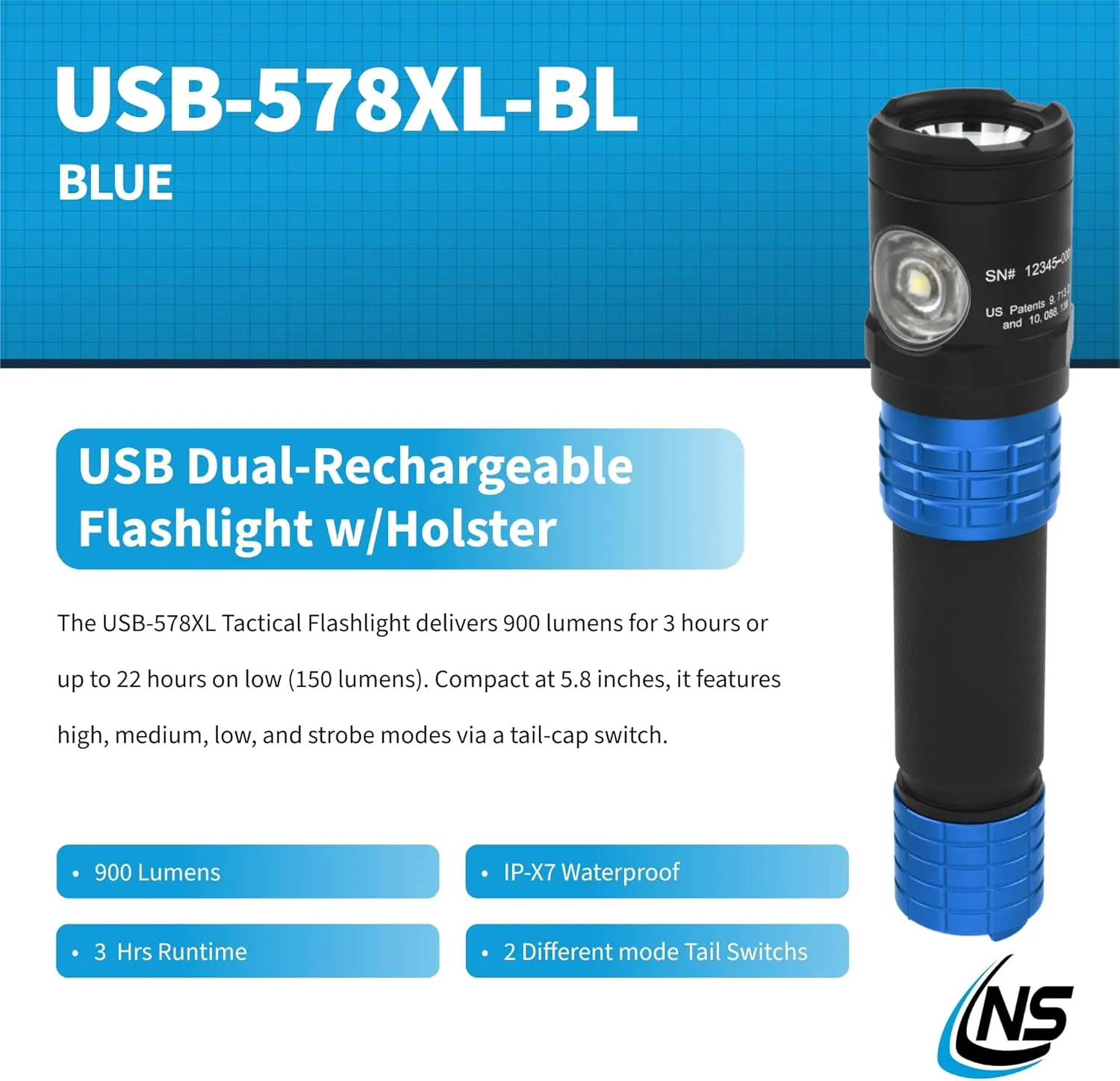 Nightstick USB-578XL-BL Metal Dual-Lightâ„¢ Rechargeable Flashlight - Blue