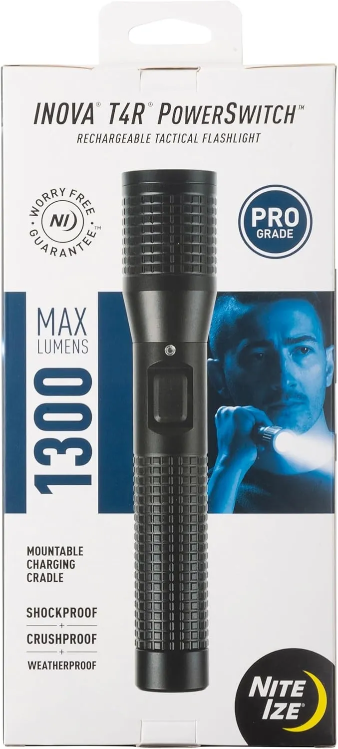 Nite Ize INOVA T4R Powerswitch Rechargeable Tactical Flashlight - 1300 Lumen Tactical Flashlight with Professional-Grade USB Charging Cradle & AC/DC Adapters - Flashlight for Camping, Biking & Hiking