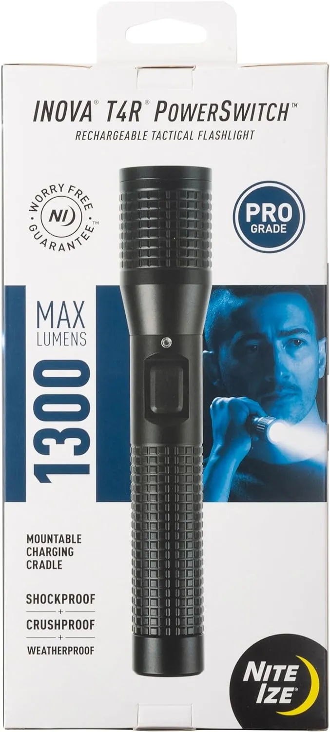 Nite Ize INOVA T4R Powerswitch Rechargeable Tactical Flashlight - 1300 Lumen Tactical Flashlight with Professional-Grade USB Charging Cradle & AC/DC Adapters - Flashlight for Camping, Biking & Hiking
