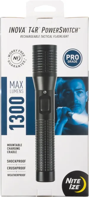 Nite Ize INOVA T4R Powerswitch Rechargeable Tactical Flashlight - 1300 Lumen Tactical Flashlight with Professional-Grade USB Charging Cradle & AC/DC Adapters - Flashlight for Camping, Biking & Hiking
