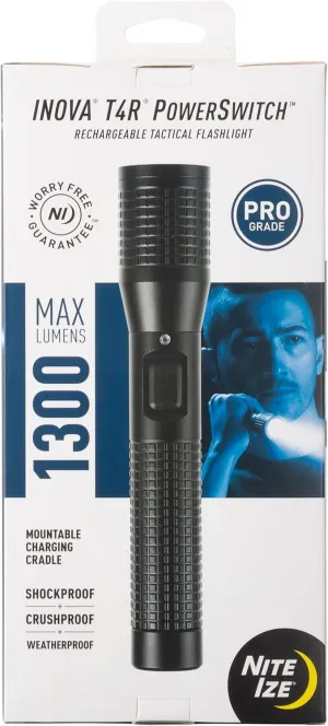 Nite Ize INOVA T4R Powerswitch Rechargeable Tactical Flashlight - 1300 Lumen Tactical Flashlight with Professional-Grade USB Charging Cradle & AC/DC Adapters - Flashlight for Camping, Biking & Hiking