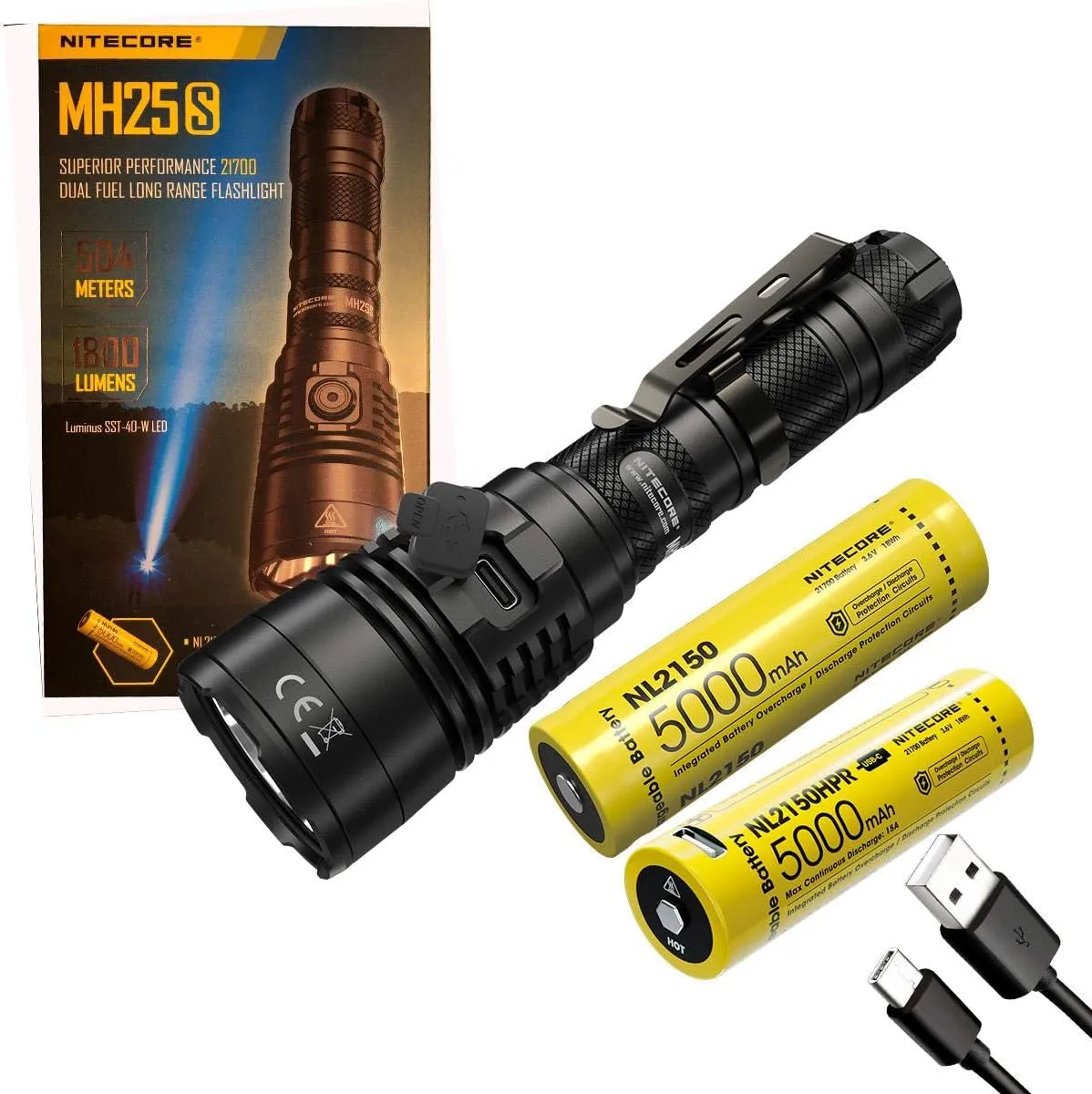 Nitecore Combo MH25S Rechargeable Flashlight 1800 Lumen 504 Meter w/Extra NL2150HPR Battery
