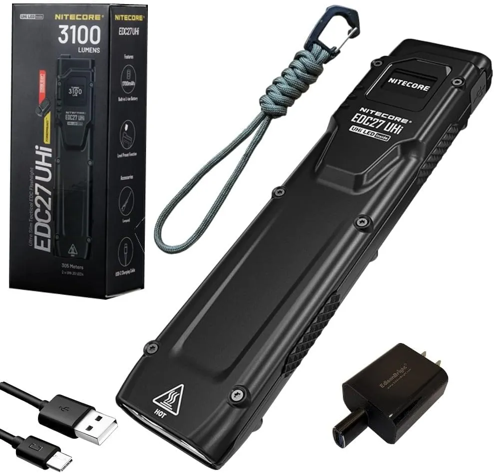 Nitecore EDC27 UHi 3100 Lumen USB Rechargeable Slim Body LED Flashlight EdisonBright Brand Charging Adapter