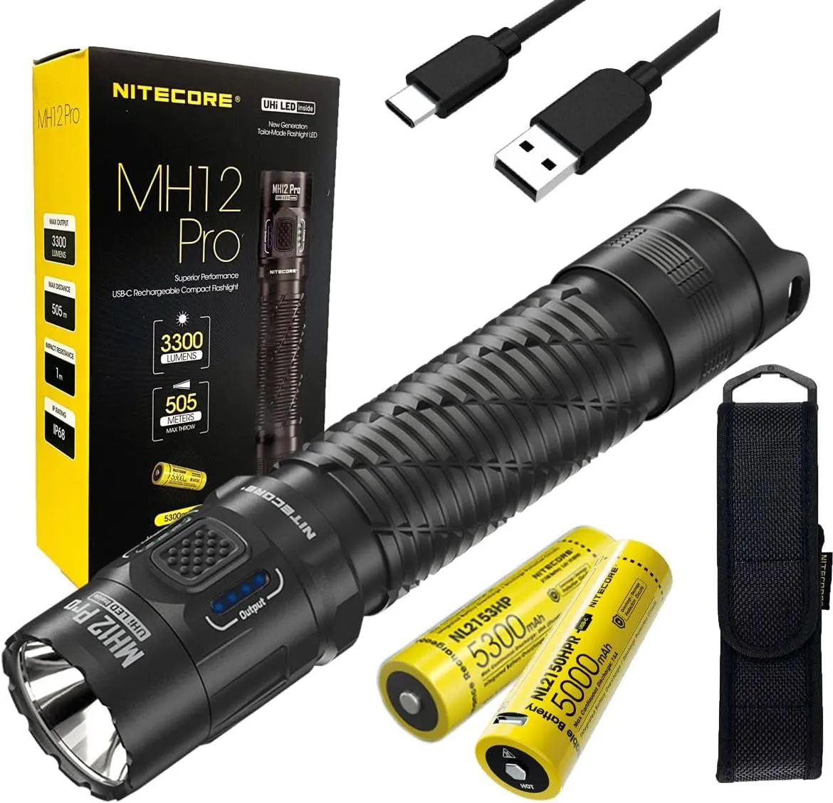 Nitecore MH12 PRO Rechargeable Flashlight -3,200 Lumens w/Extra NL2150HPR Battery and Eco Sensa USB-C Charging Cable