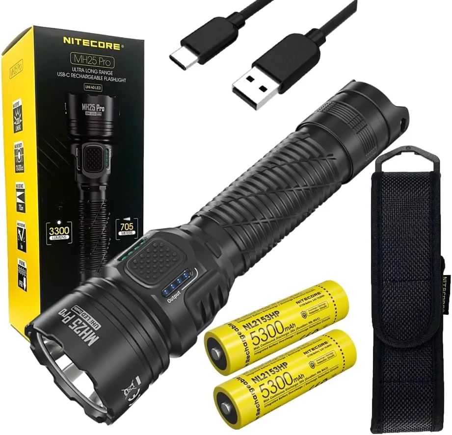 Nitecore MH25 PRO Multitask Hybrid Series Rechargeable Flashlight -3300 lumens w/Extra NL2153HP Batteries and Eco-Sensa USB Charging Cable