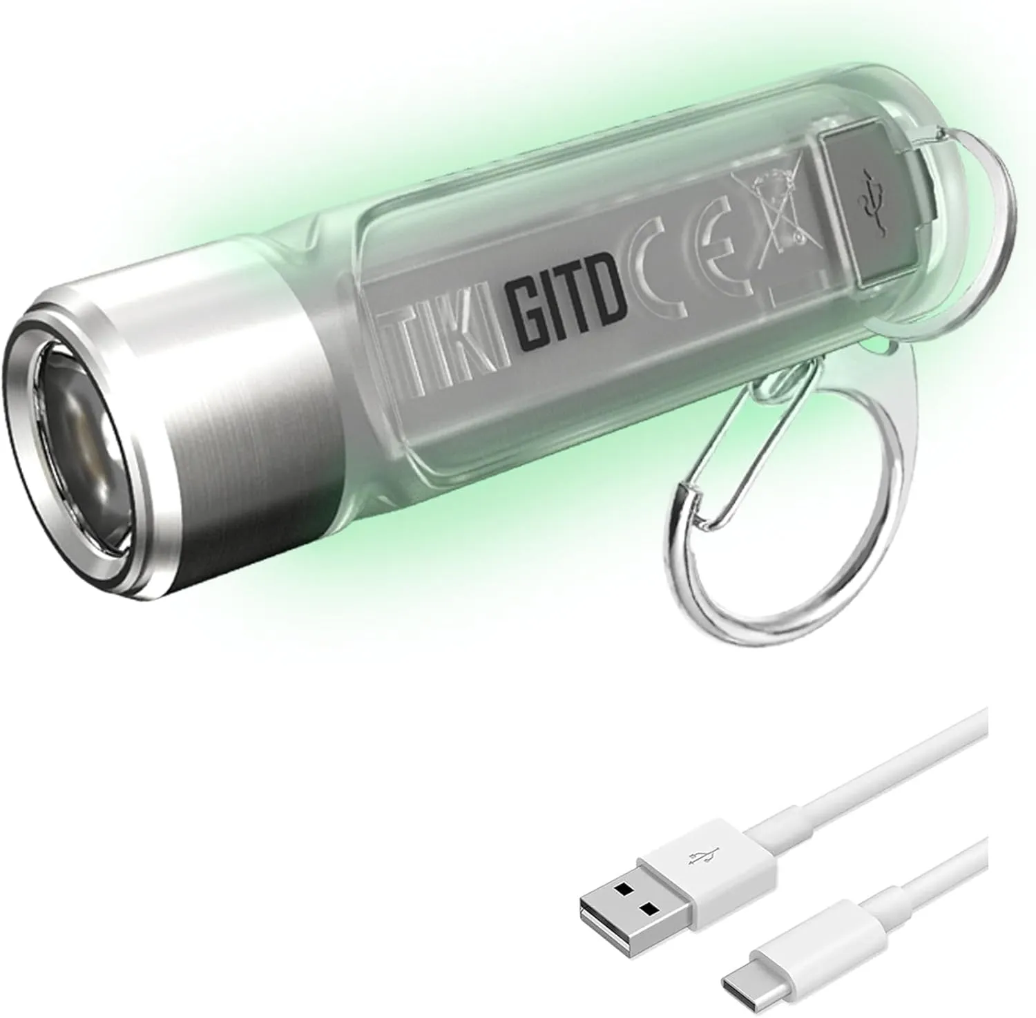 Nitecore Tiki GITD Green Keychain Flashlight with UV & High CRI Light, 300 Lumen Everyday Carry USB Rechargeable and USB-C Charging Cable