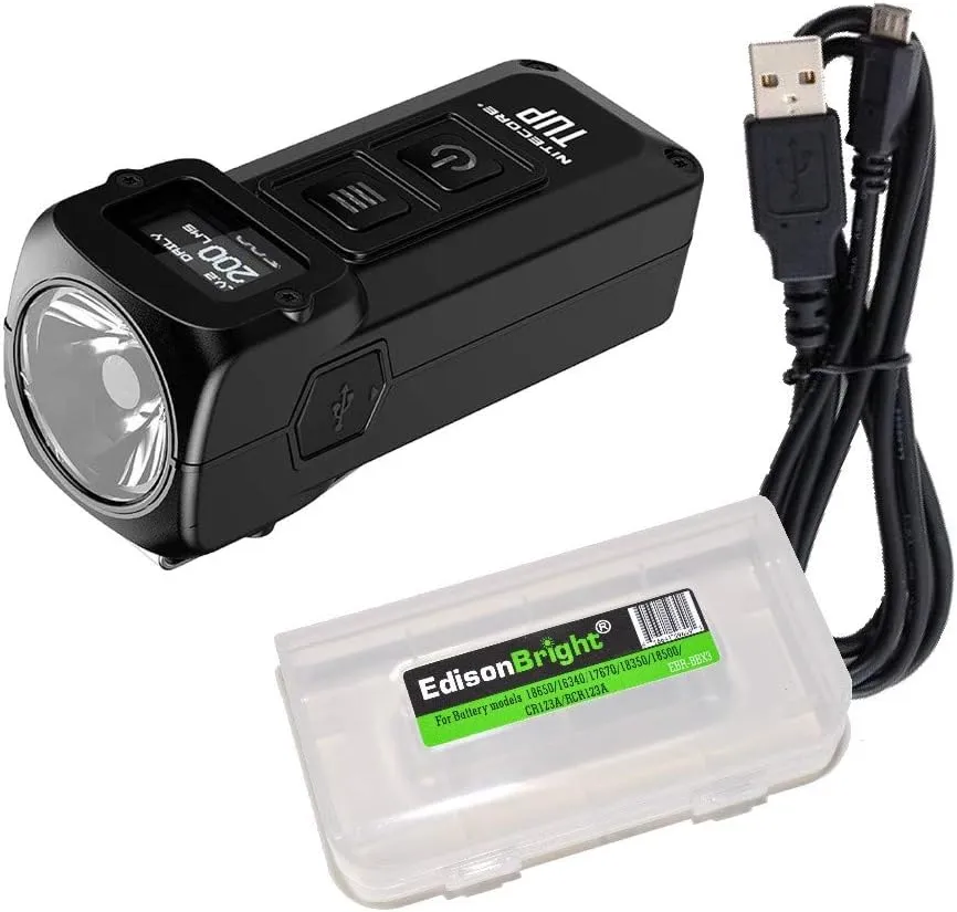 Nitecore TUP CREE LED 1000 Lumen USB rechargeable compact flashlight, Battery, USB Charging Cable and EdisonBright charging cable carry case bundle … (Black)