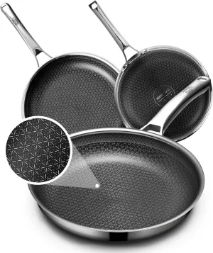 Non Stick Frying Pans Set, Hybrid Pans Set Nonstick (8 10 12inch),Pan for cooking, PFOA Free Kitchen set, Dishwasher and Oven Safe Cookware Sets, Induction Compatible Stainless Steel Skillets
