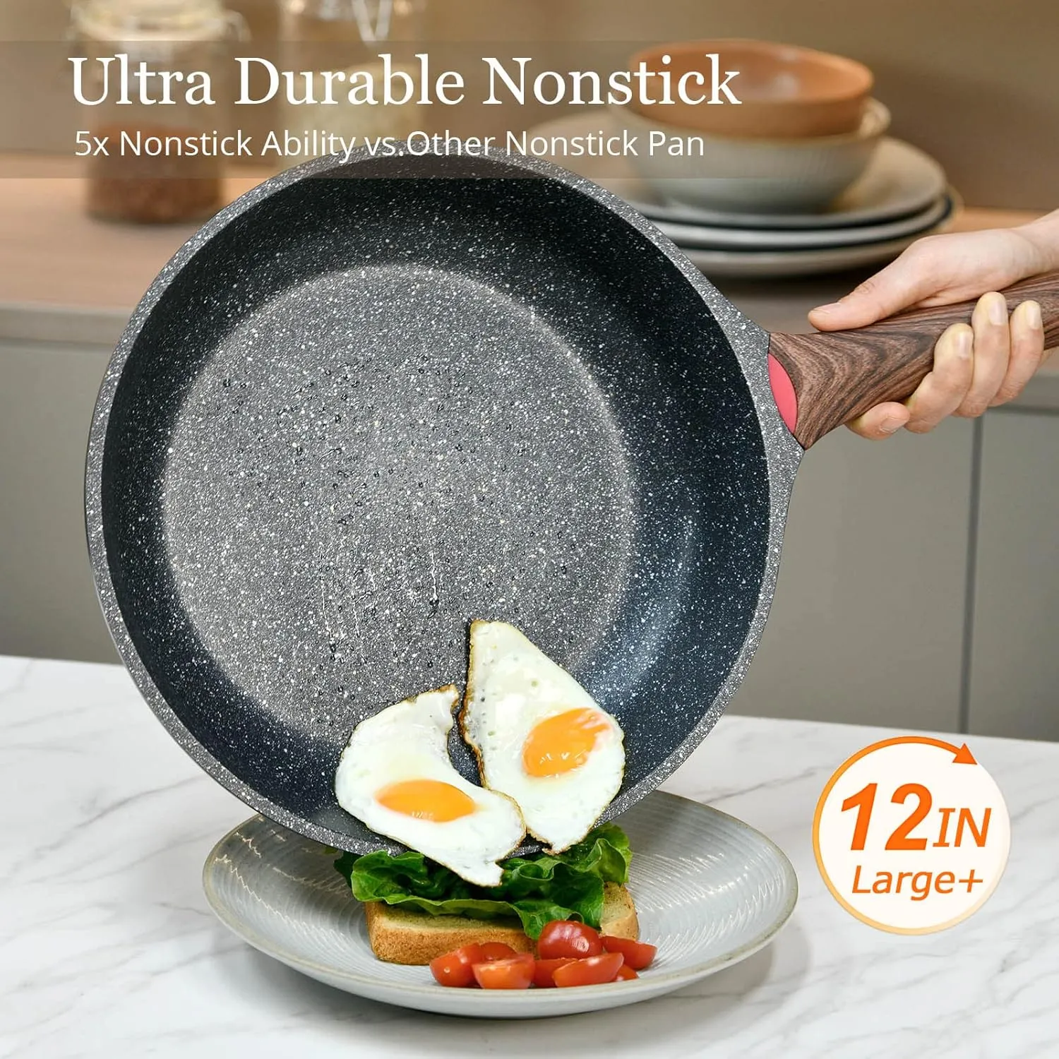 Nonstick Frying Pan Skillet with Lid, 12 in No Stick PFOA-Free Granite Coating Chef's Pan, Large 30 cm Cooking Pans for Family, Gift Cookware Pan Set for Gas Stove, Induction Top