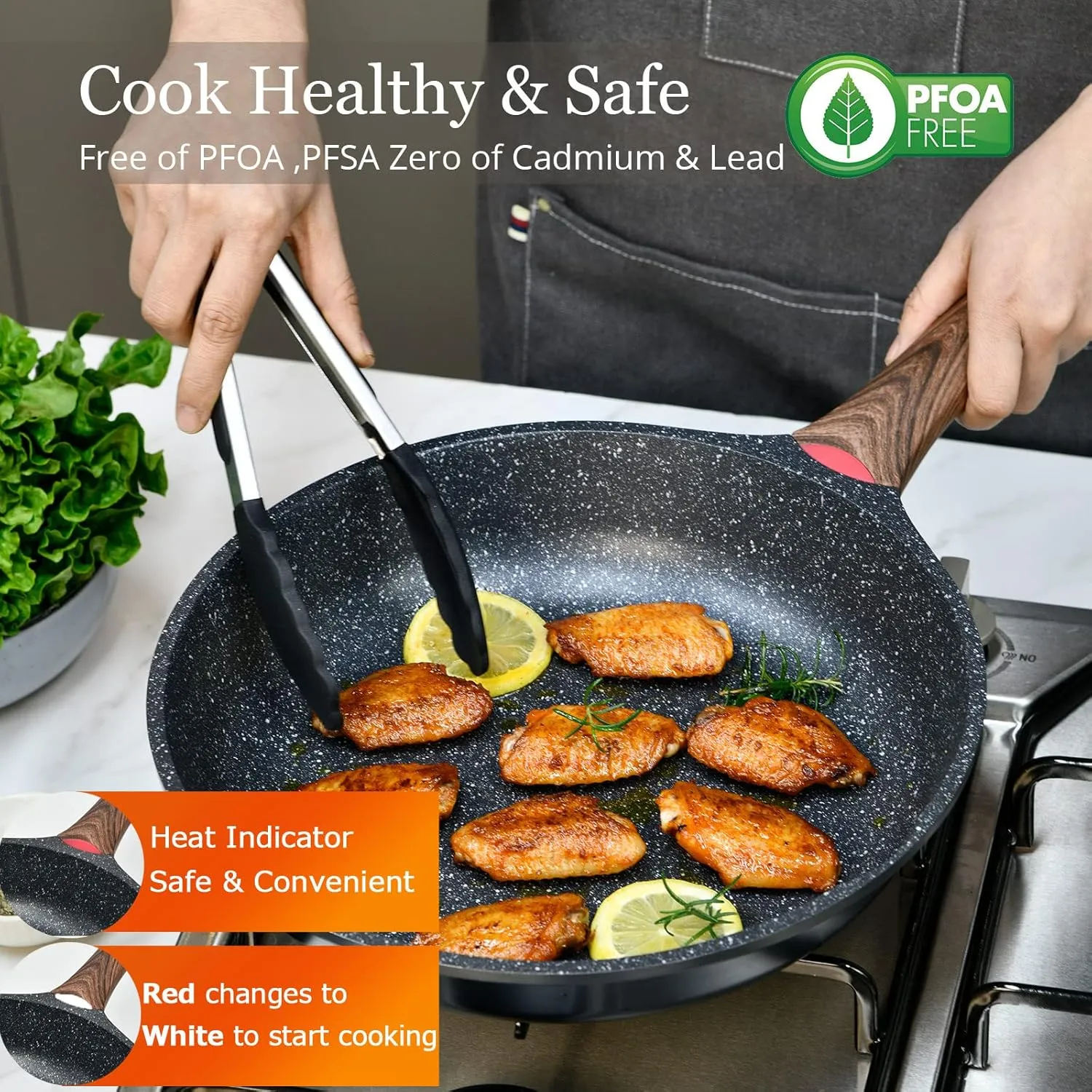 Nonstick Frying Pan Skillet with Lid, 12 in No Stick PFOA-Free Granite Coating Chef's Pan, Large 30 cm Cooking Pans for Family, Gift Cookware Pan Set for Gas Stove, Induction Top